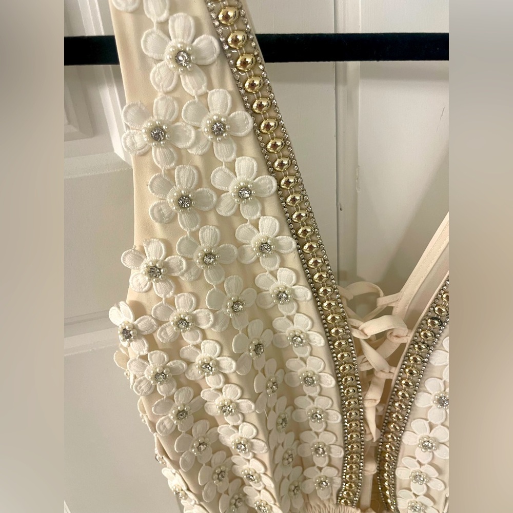 Cream one-of-a-kind St. Tropez dress with handmade swavorski crystals